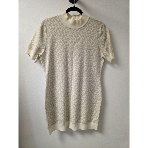 Michael Kors Women's Sweater Dress XL Beige Cream MK Monogram Short Sleeve Knit - Picture 1 of 11